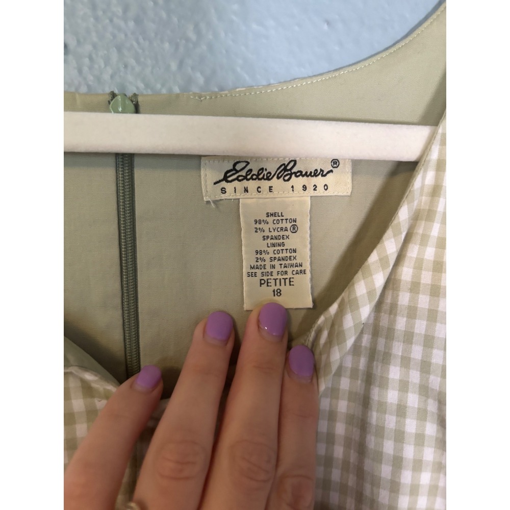 Vintage Eddie Bauer Sage Green Gingham Empire Waist Dress Petite 18 Cotton - Picture 2 of 7
